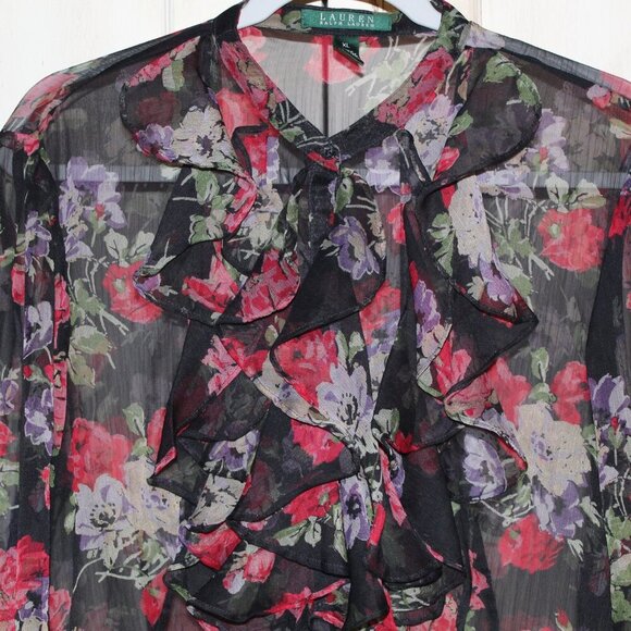 Lauren Ralph Lauren long sleeve sheer black floral blouse with ruffle details XL - Picture 2 of 9
